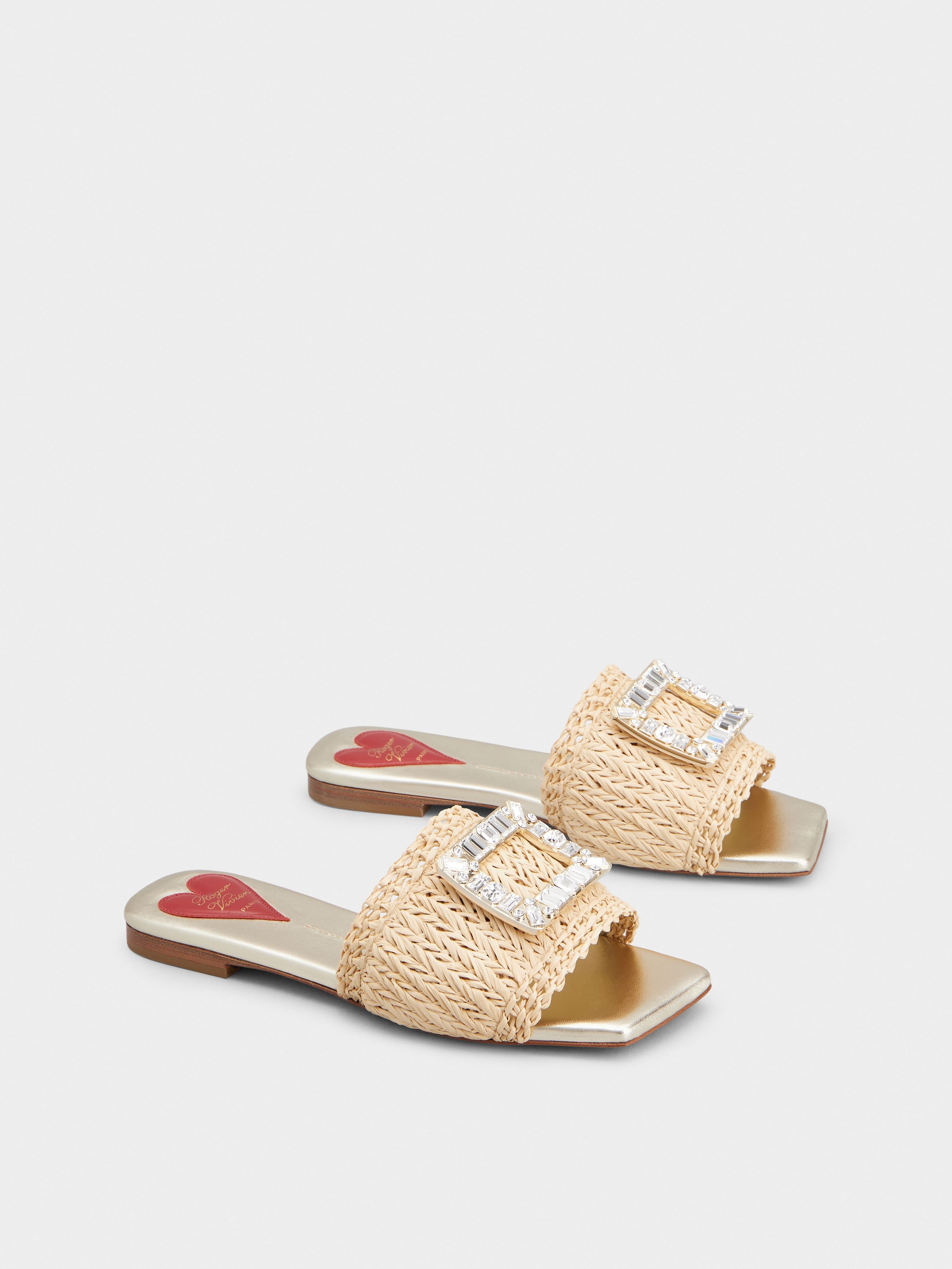 Strass Buckle Slides in Raffia - 2