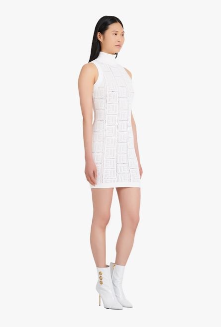 Short white eco-designed knit dress with Balmain monogram - 7