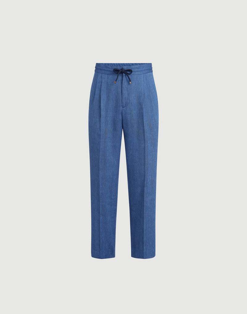 Linen and virgin wool chevron trousers with drawstring and double pleats 1
