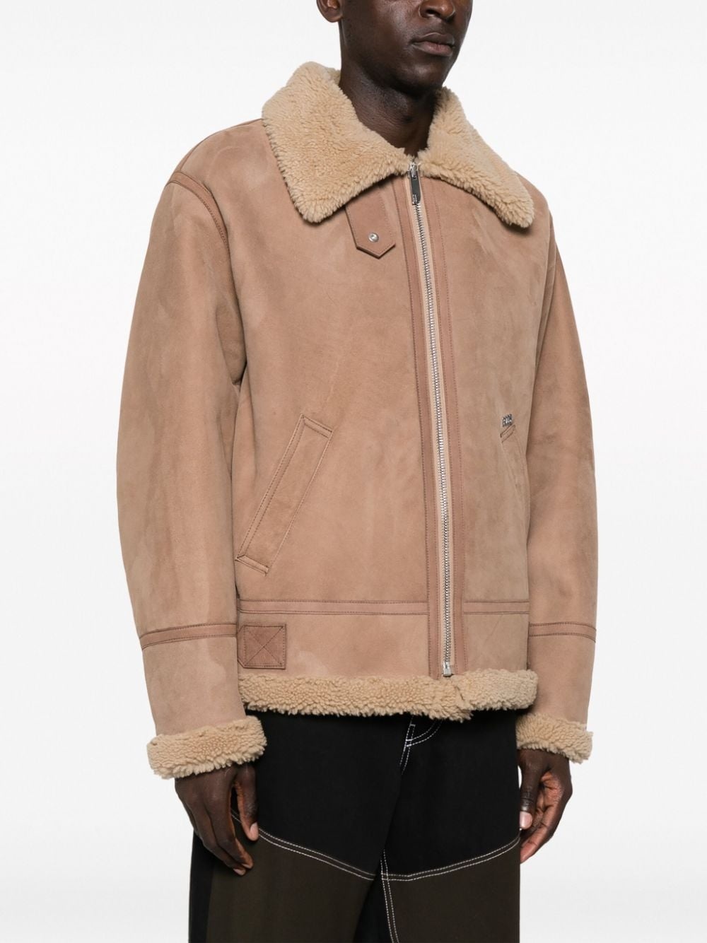 shearling zip-up biker jacket - 4