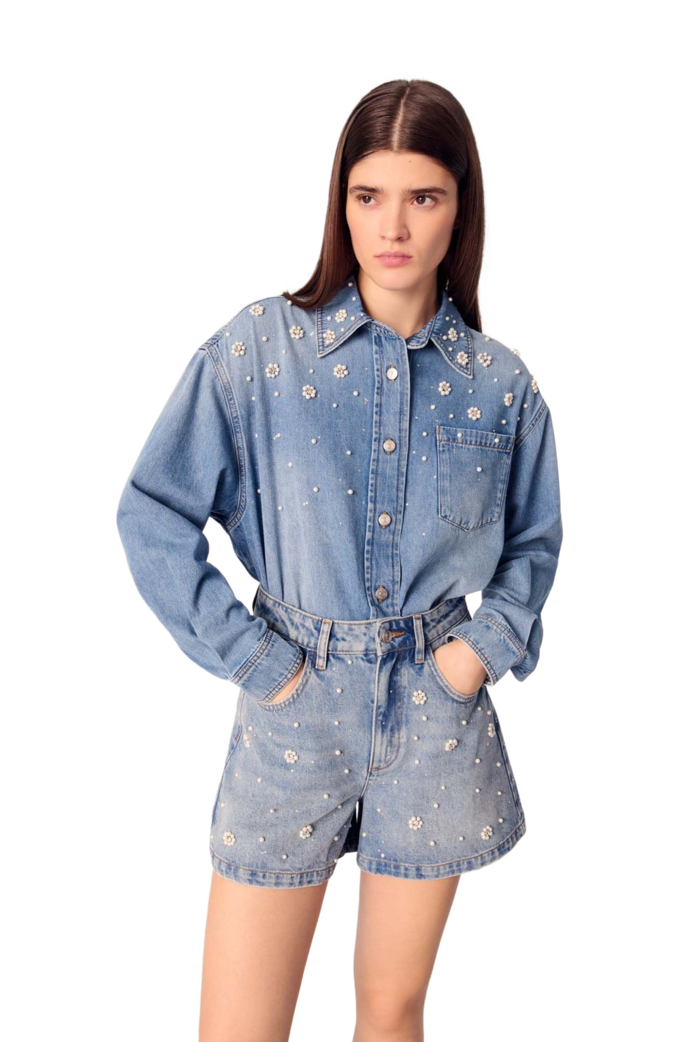 maje Denim shorts with embroidered beads in Blue at Nordstrom - 7