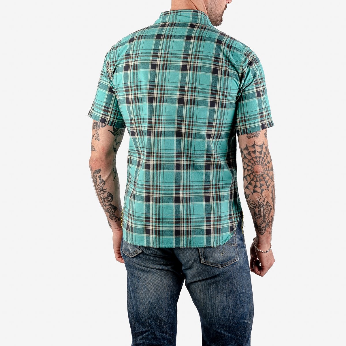 IHSH-360-GRN 5oz Selvedge Madras Check Short Sleeve Work Shirt - Green - 3