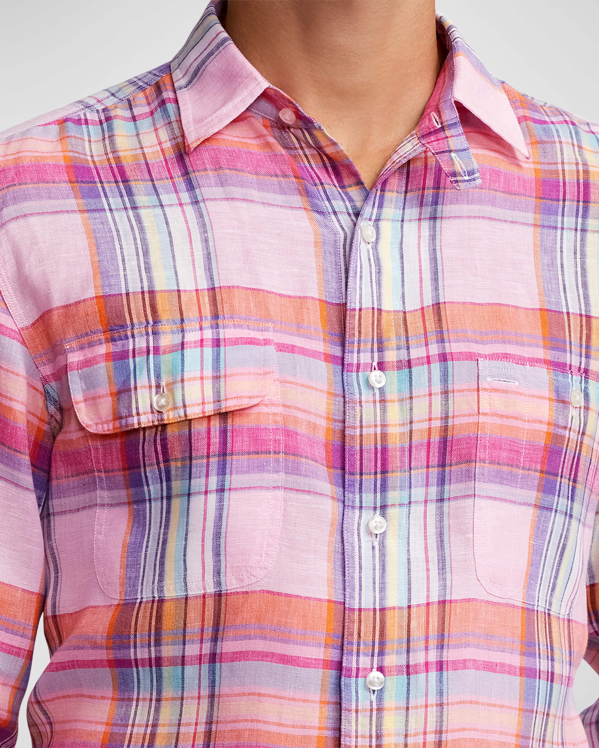 Men's Cassis Plaid Linen Button-Down Shirt - 6