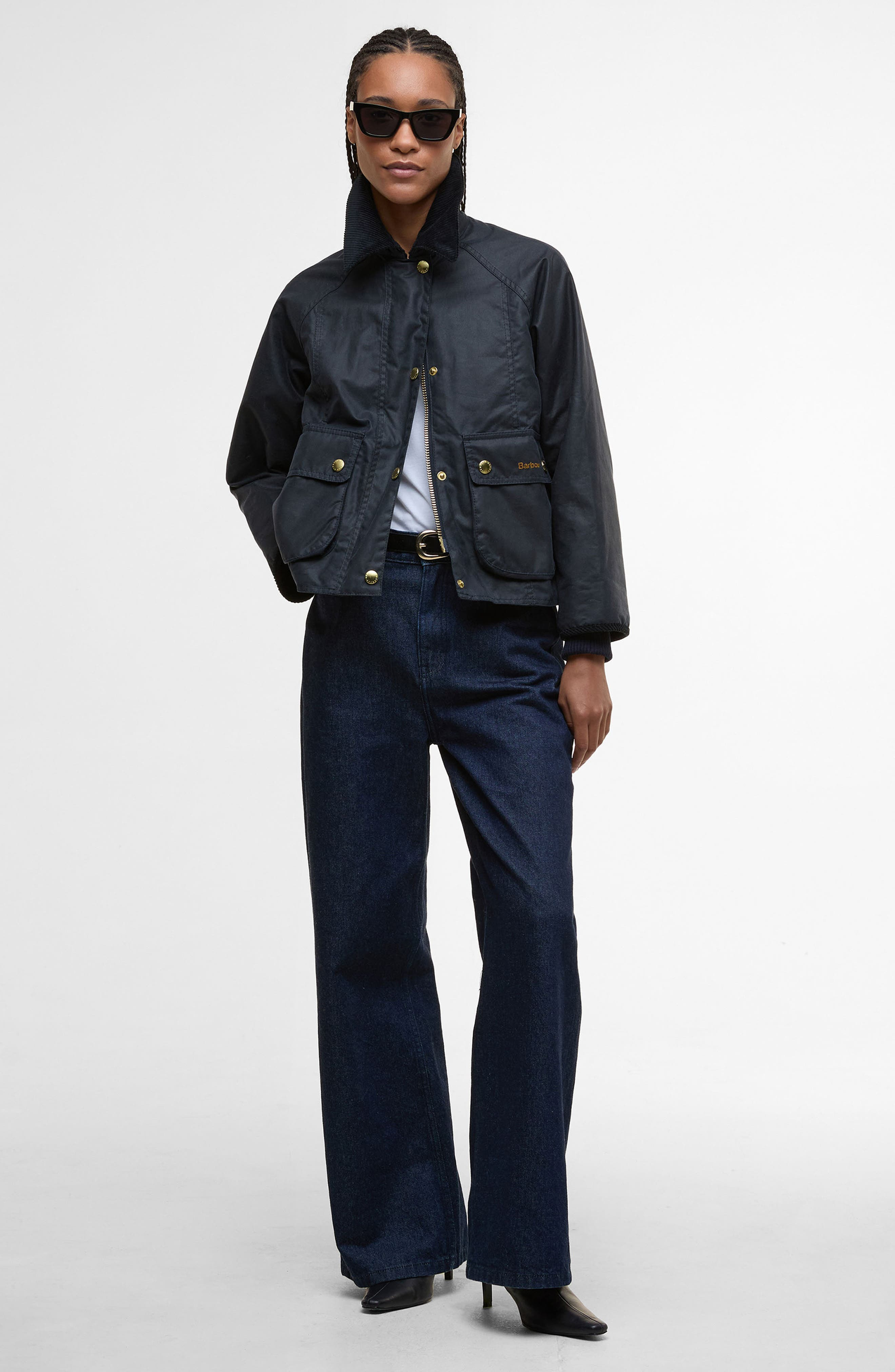 Barbour Beadnell Crop Waxed Cotton Jacket in Navy Classic at Nordstrom - 8