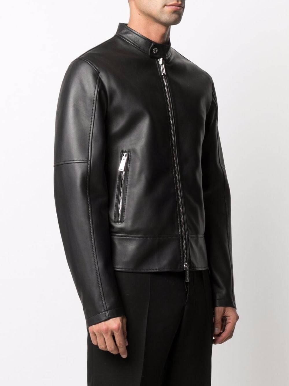 grained leather zip-up jacket - 3