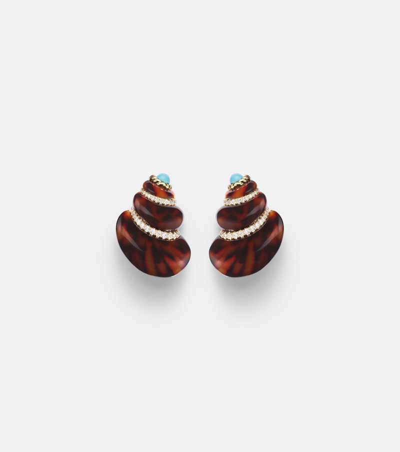 Coquillage 9kt gold earrings with diamonds and turquoise 1