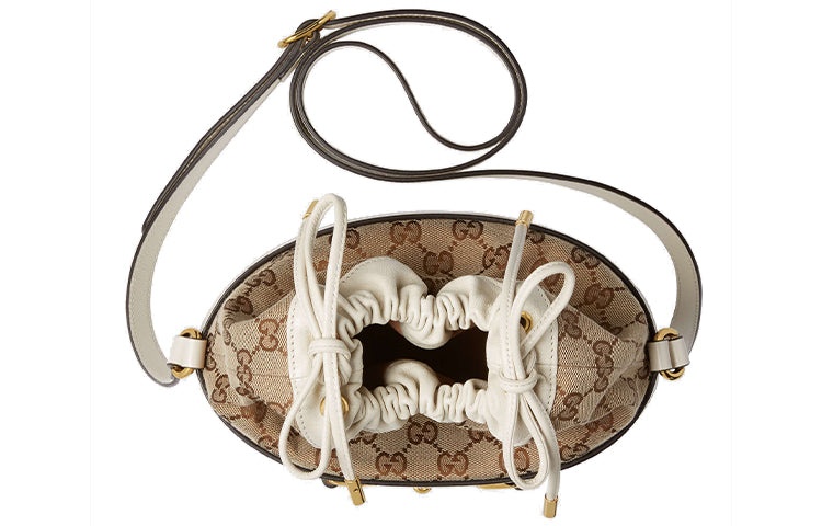 (WMNS) Gucci Horsebit 1955 Retro Gold buckle Logo Canvas Drawstring Shoulder Messenger Bag White 602 - 4