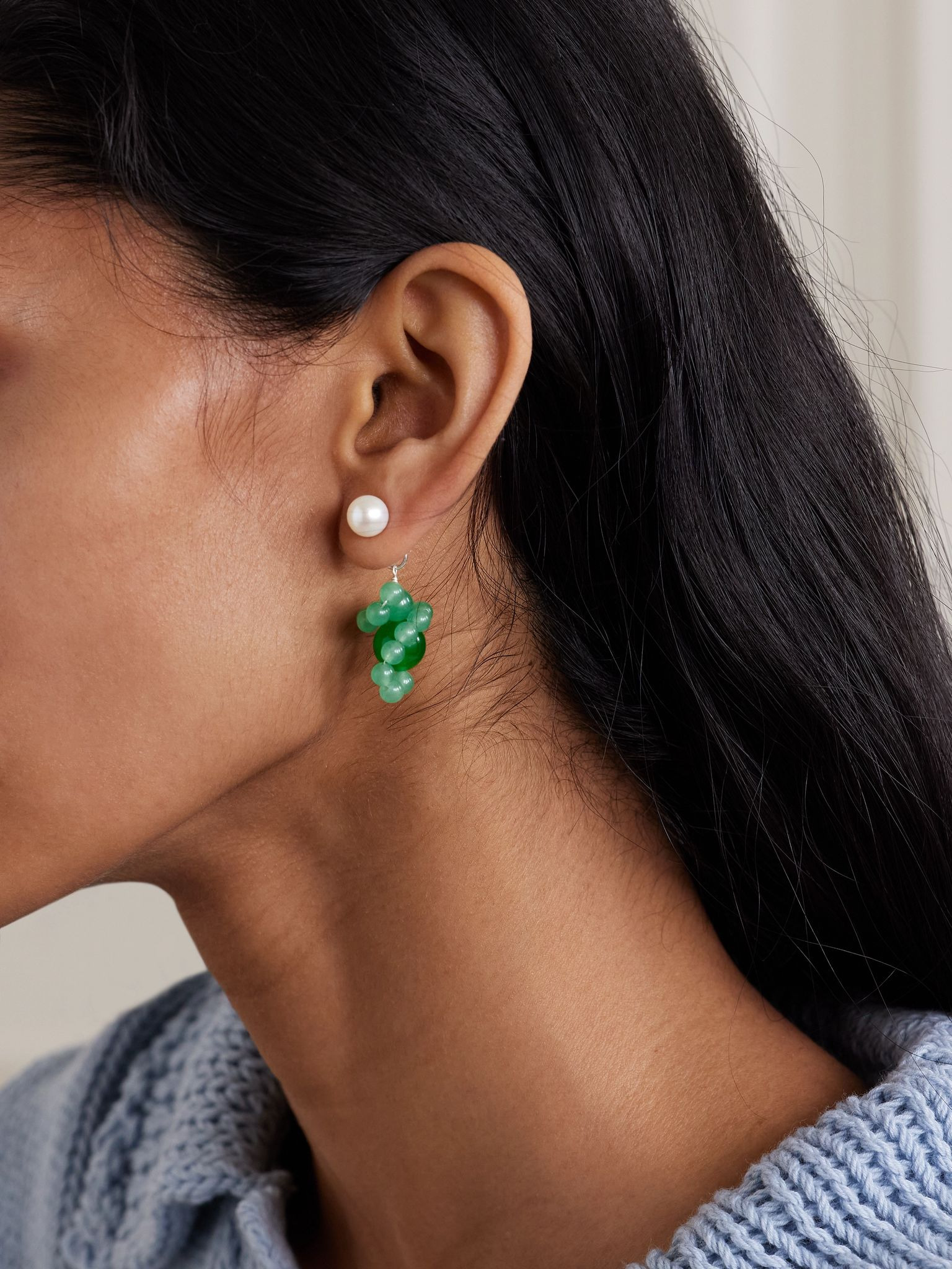 Recycled silver, pearl and beaded earrings Green - 2