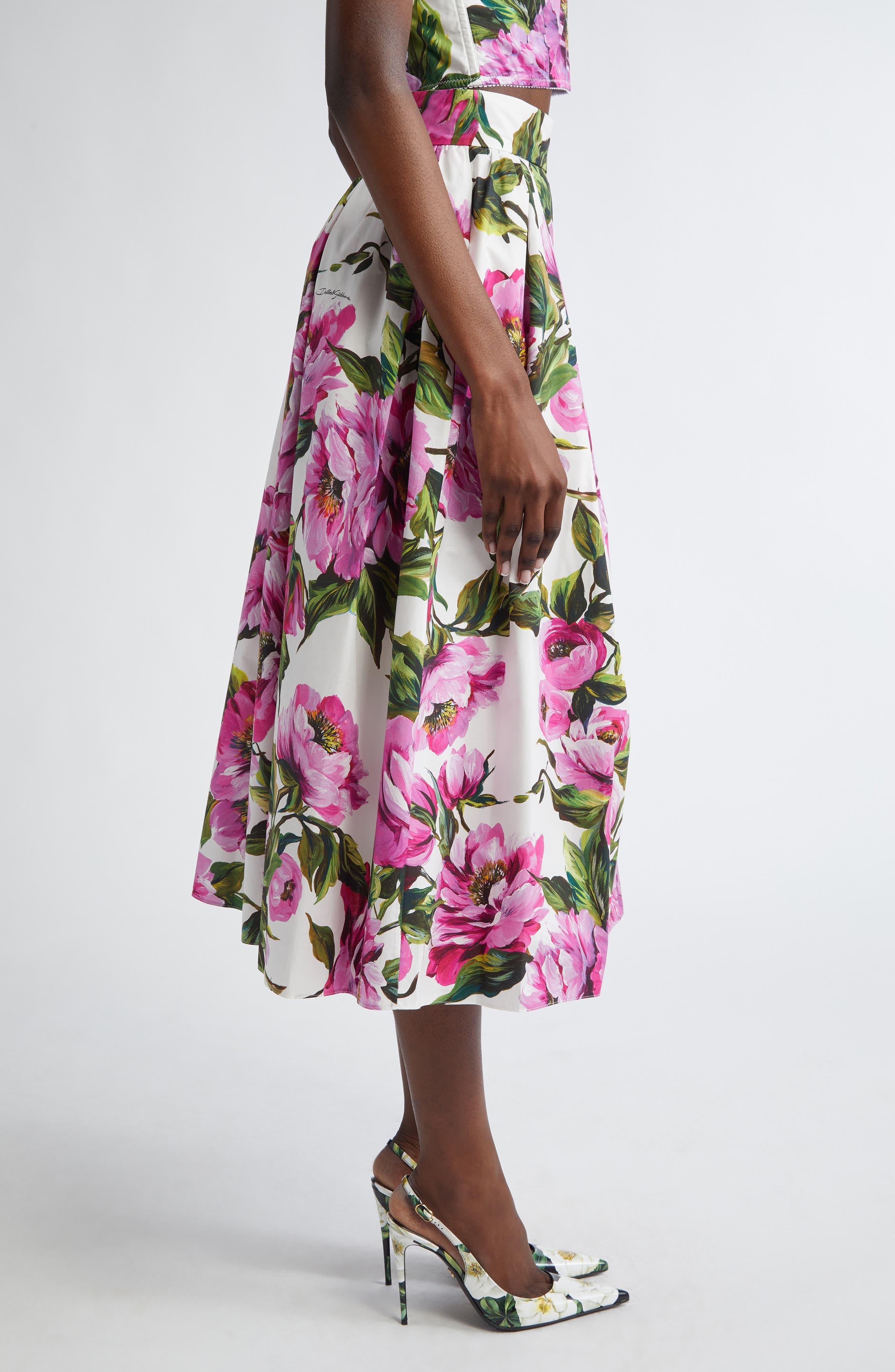 Dolce&Gabbana Peony Print Pleated Cotton Poplin Skirt in Peonie Fuxia F.bianco at Nordstrom - 4