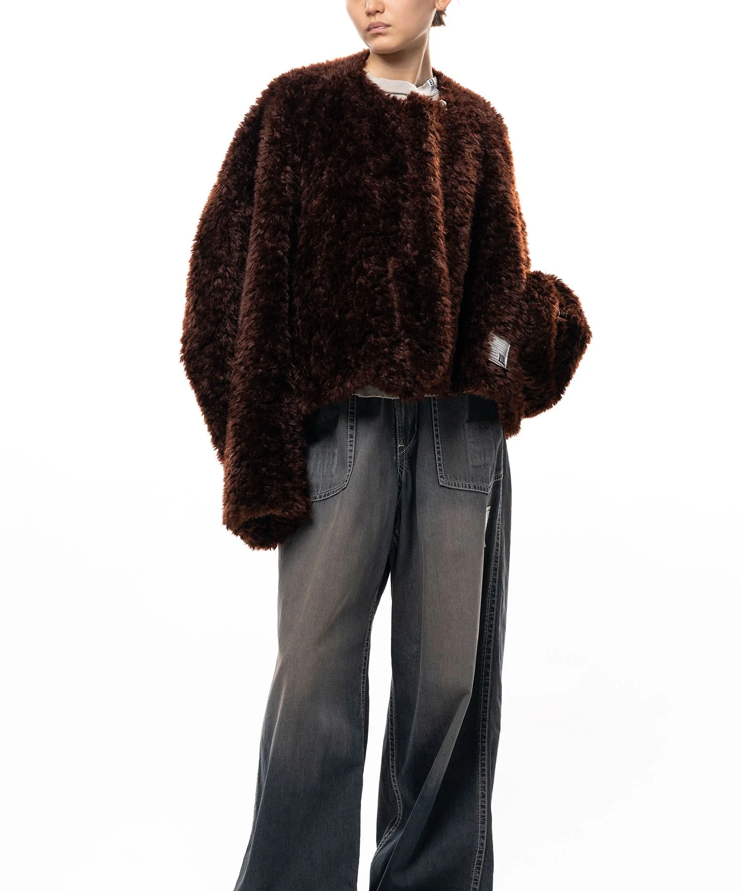 Roll-up Hem Faux Fur Jacket - 1