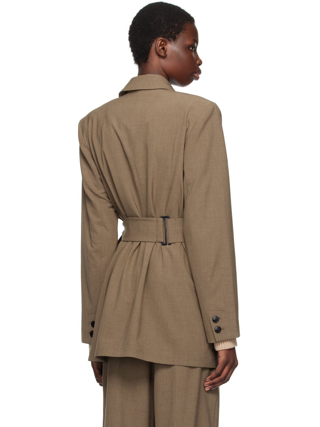 Beige Drapey Knot Belt Blazer - 3