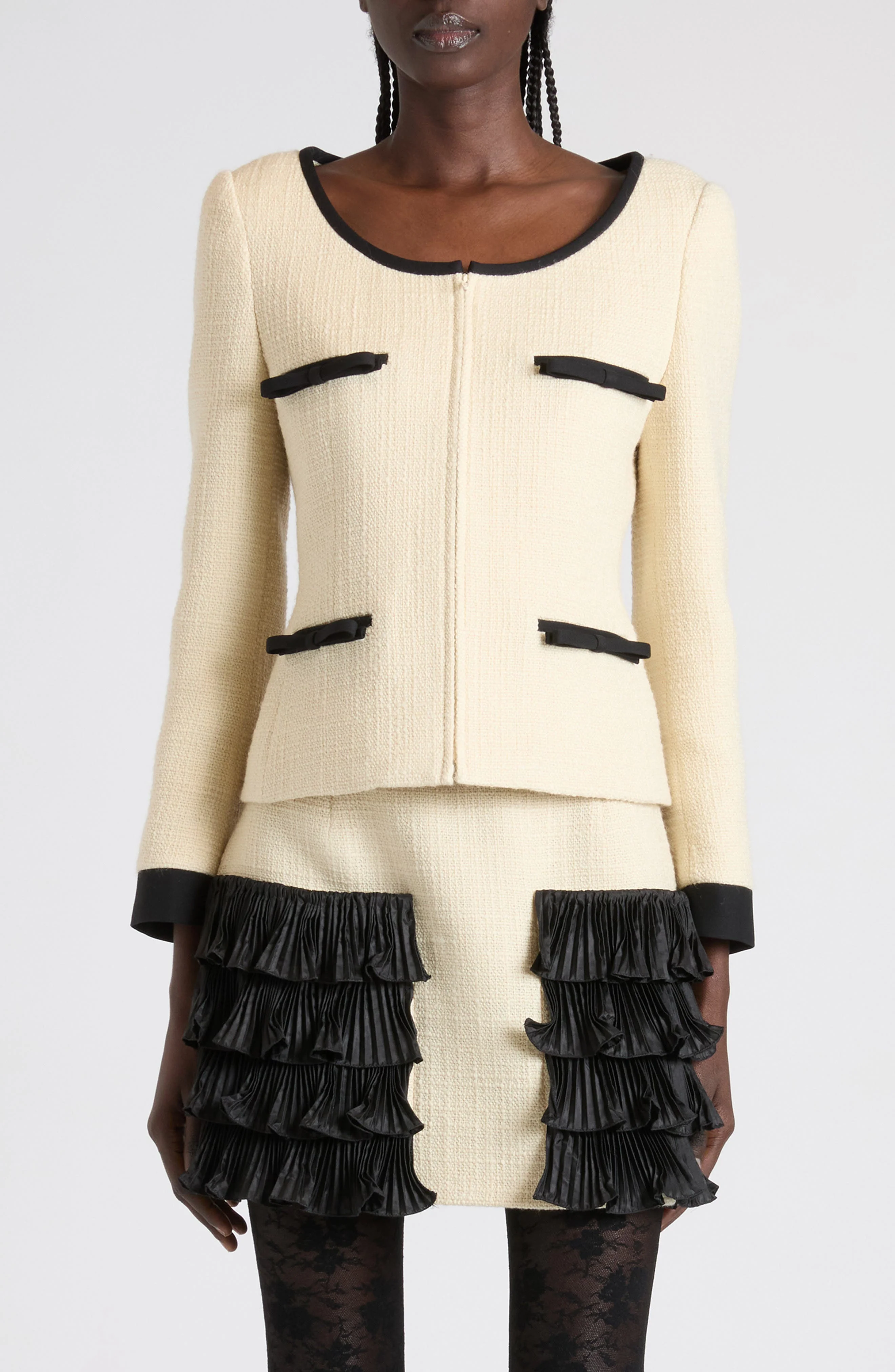 Valentino Bow Detail Virgin Wool Blend Tweed Jacket in Beige/Black at Nordstrom - 1