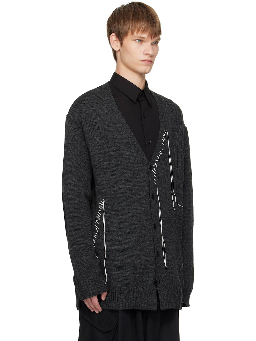 Gray Plain Stitch Embroidery V Neck Cardigan - 2
