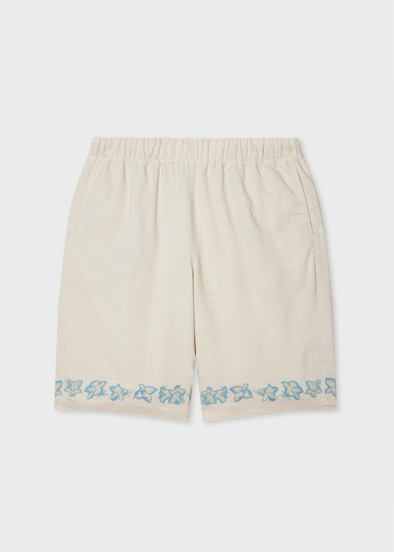 Ecru Lyocell-Cotton Floral Trim Shorts 1