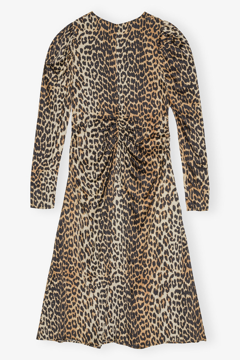 LEOPARD PRINT SATIN RUCHED MIDI DRESS 6