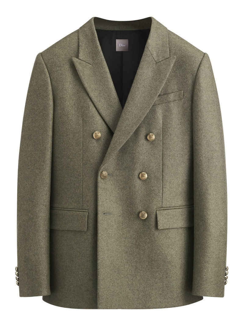 DOUBLE-BREASTED JACKET IN KHAKI VIRGIN WOOL AND CASHMERE FLANNEL 1