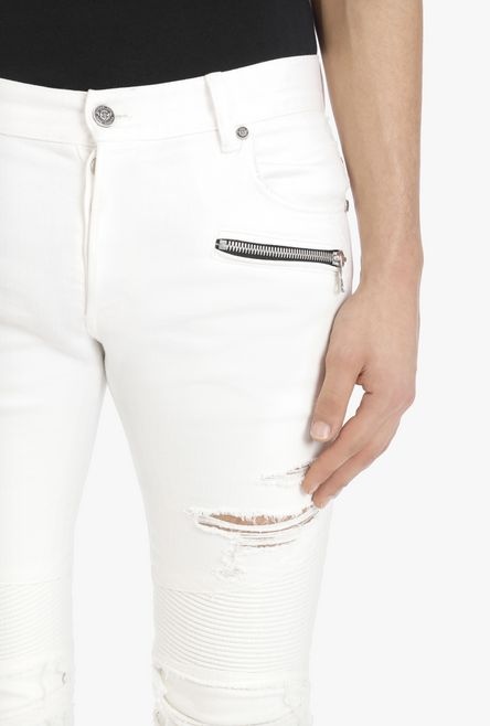 Slim-fit ripped white cotton jeans - 8