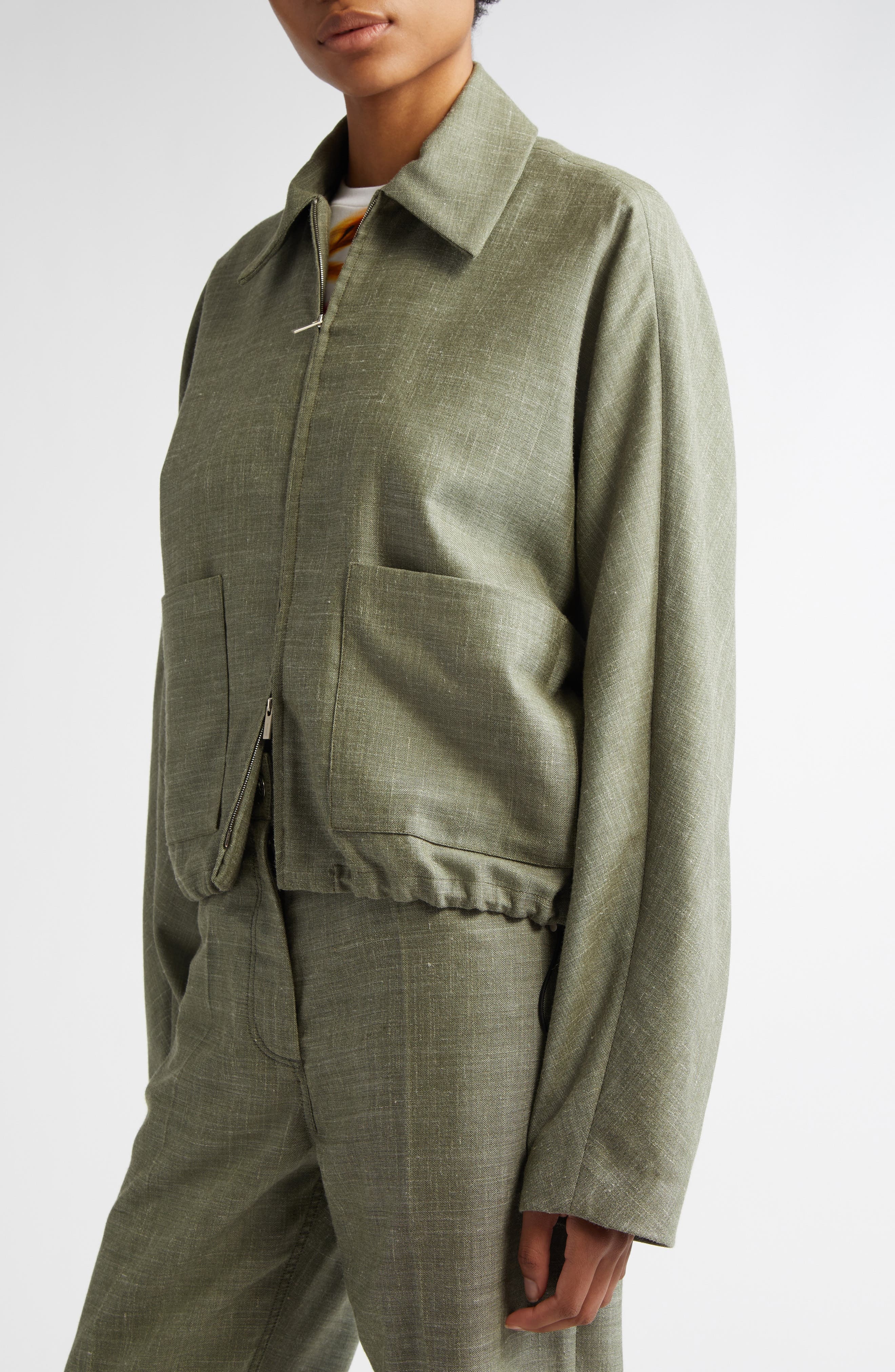 FERRAGAMO Patch Pocket Virgin Wool & Silk Blend Jacket in Olive/White at Nordstrom - 5
