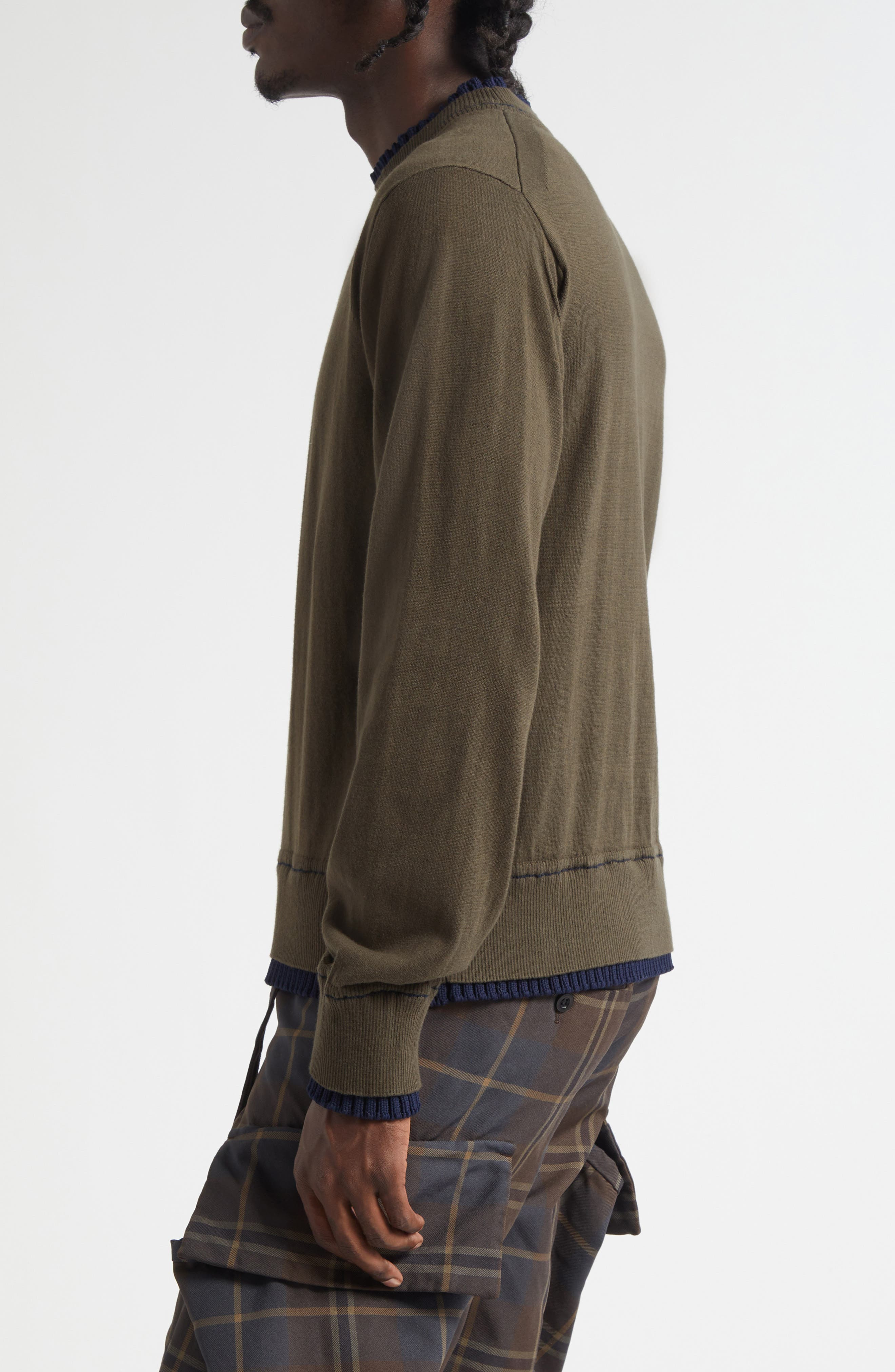 Sacai Layered Cotton & Cashmere Crewneck Sweater in Khaki/Navy at Nordstrom - 3