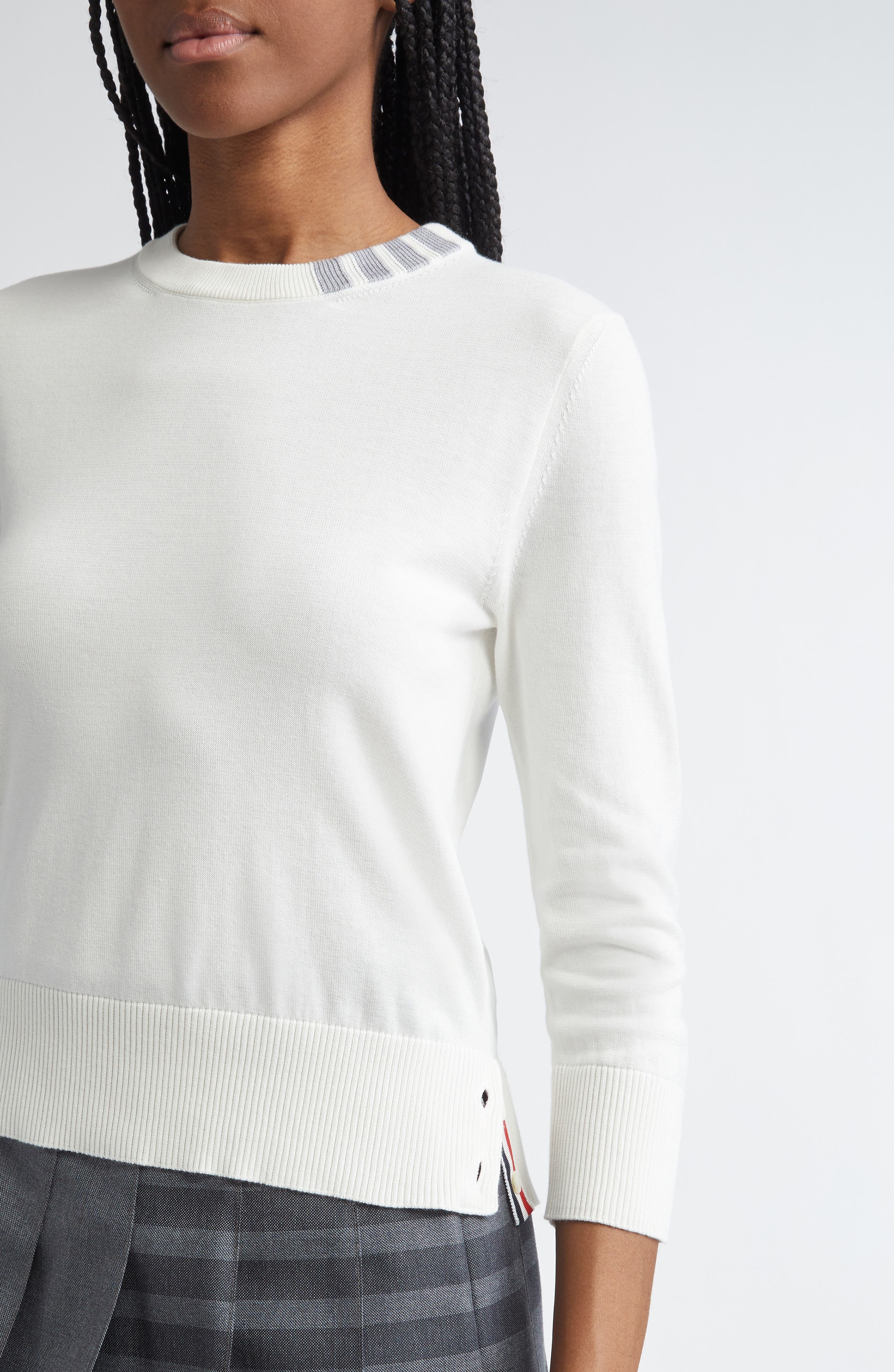 Thom Browne Jersey Stitch Three-Quarter Sleeve Sweater in White at Nordstrom - 5