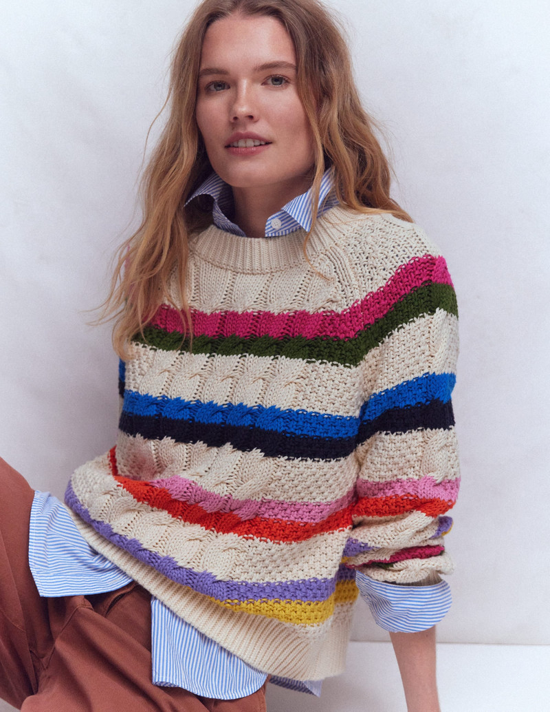 Cotton Cable Jumper-Warm Ivory, Rainbow 1