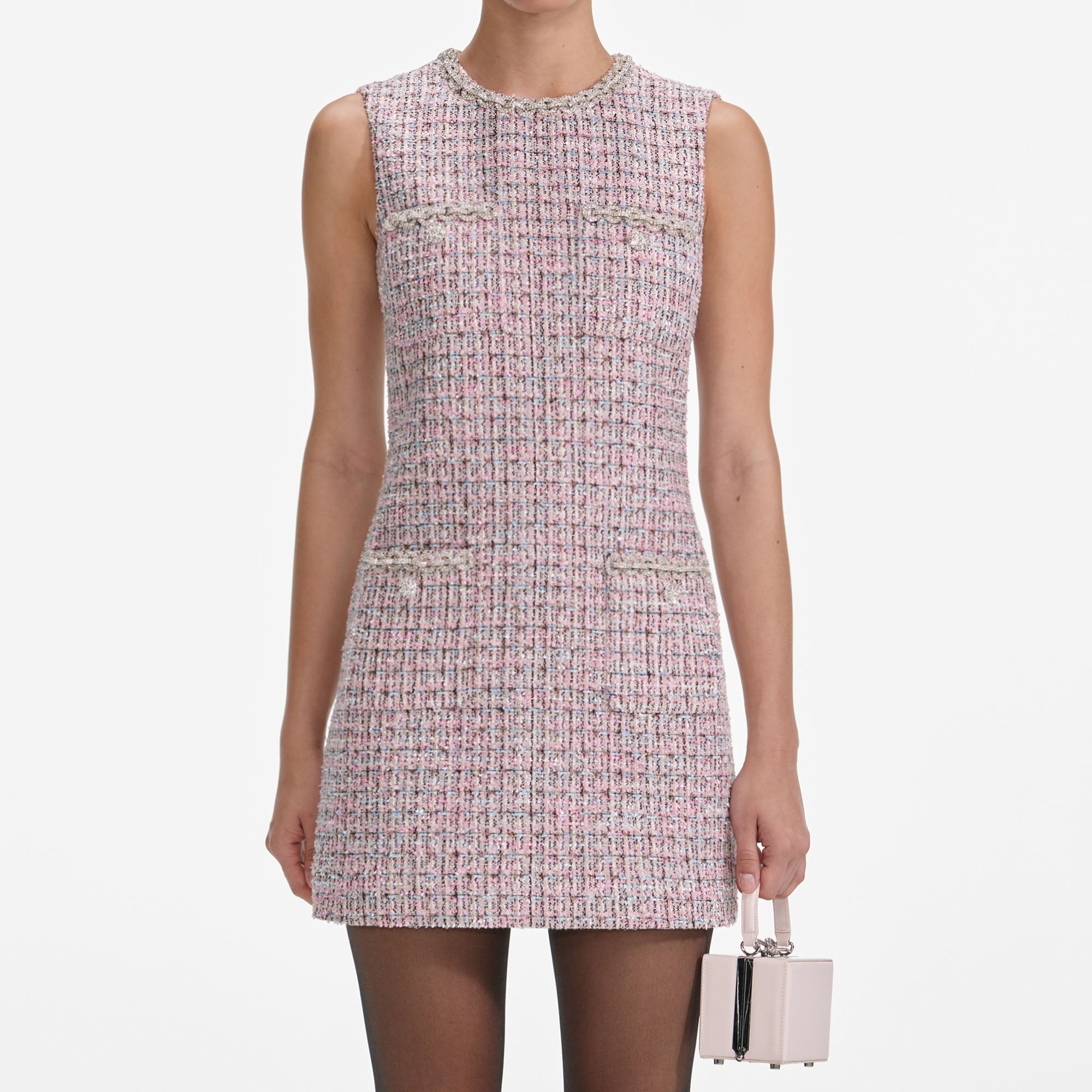 Pink Boucle Sleeveless Mini Dress - 4