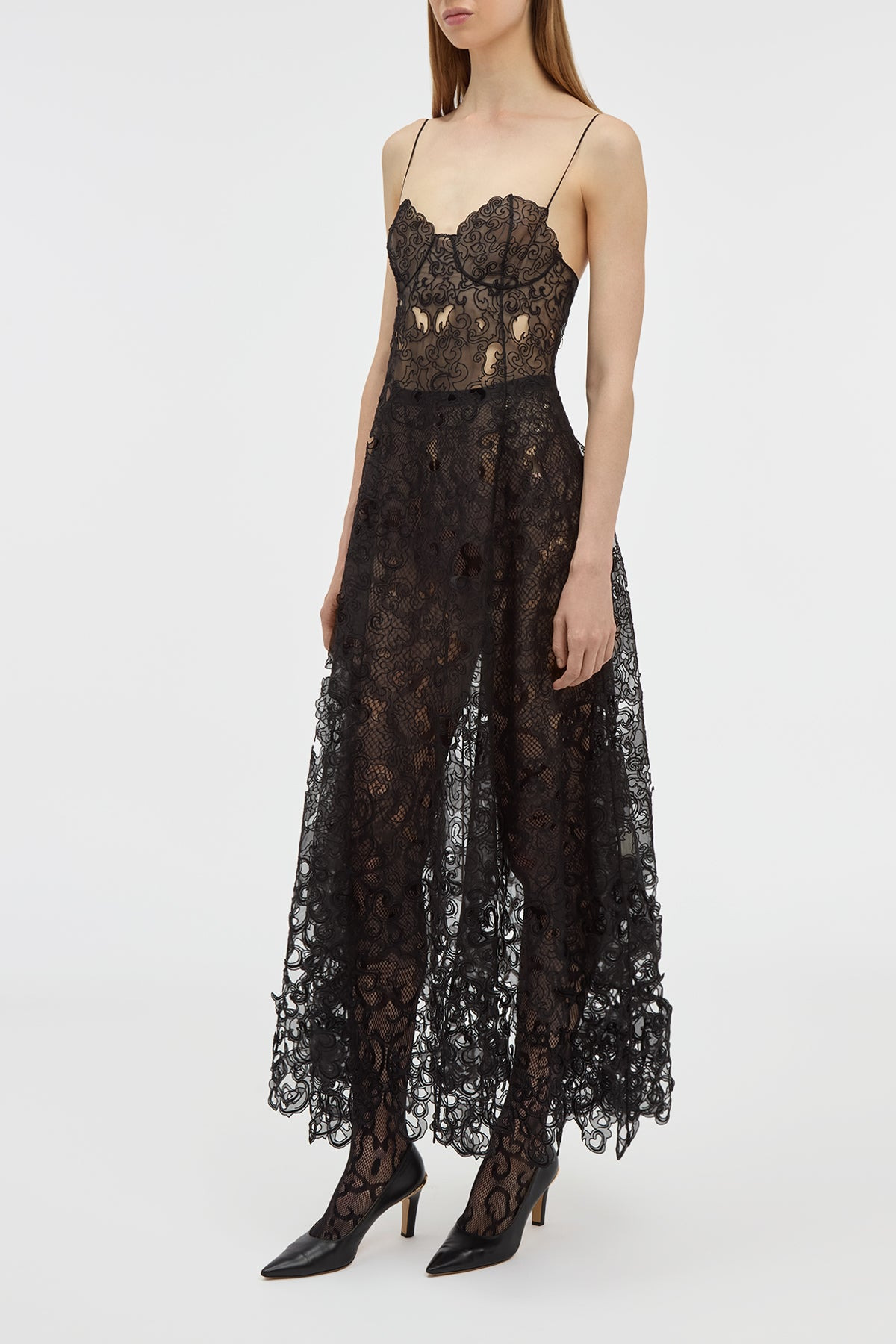 Luma Slip Midi Dress in Black Silk Organza Lace - 3