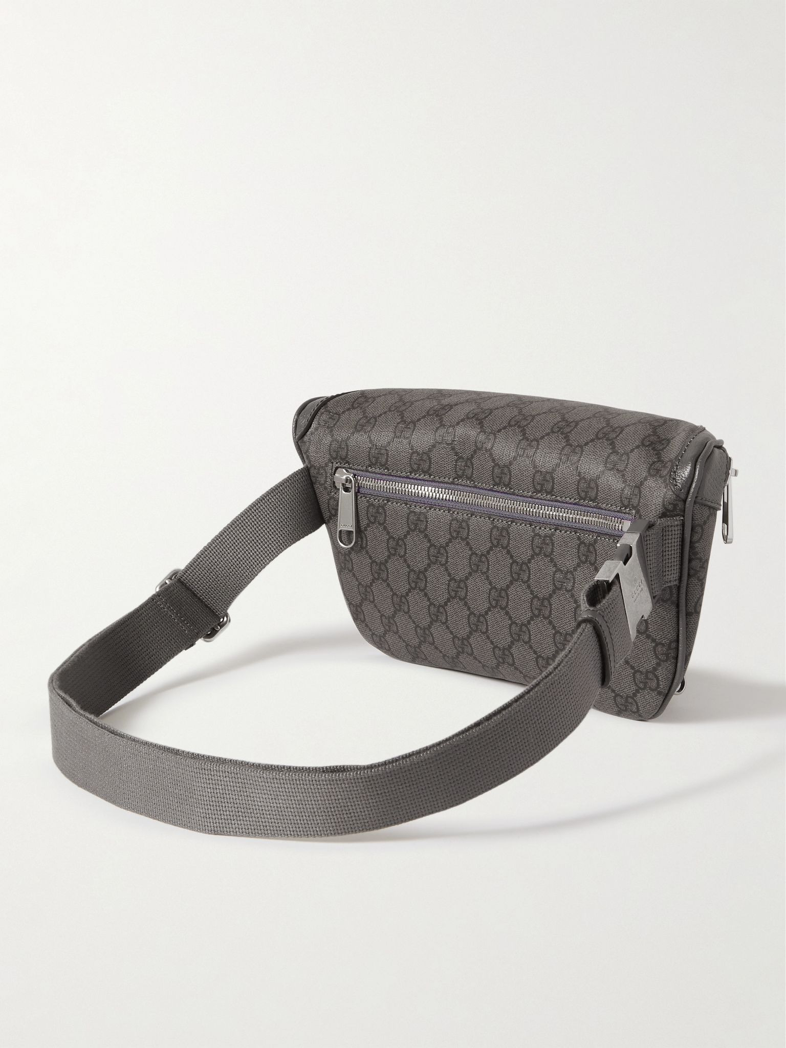 Ophidia Leather-Trimmed Monogrammed Coated-Canvas Belt Bag Gray - 3