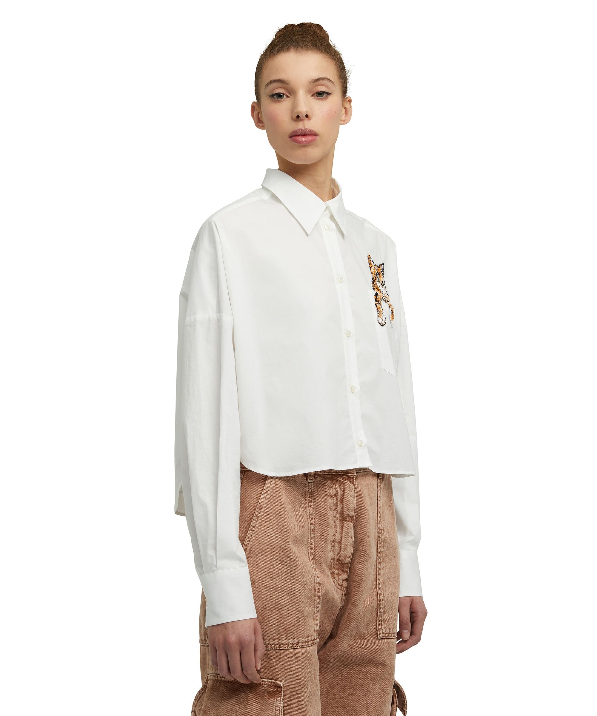 Poplin cotton crop top shirt with emblem - 3