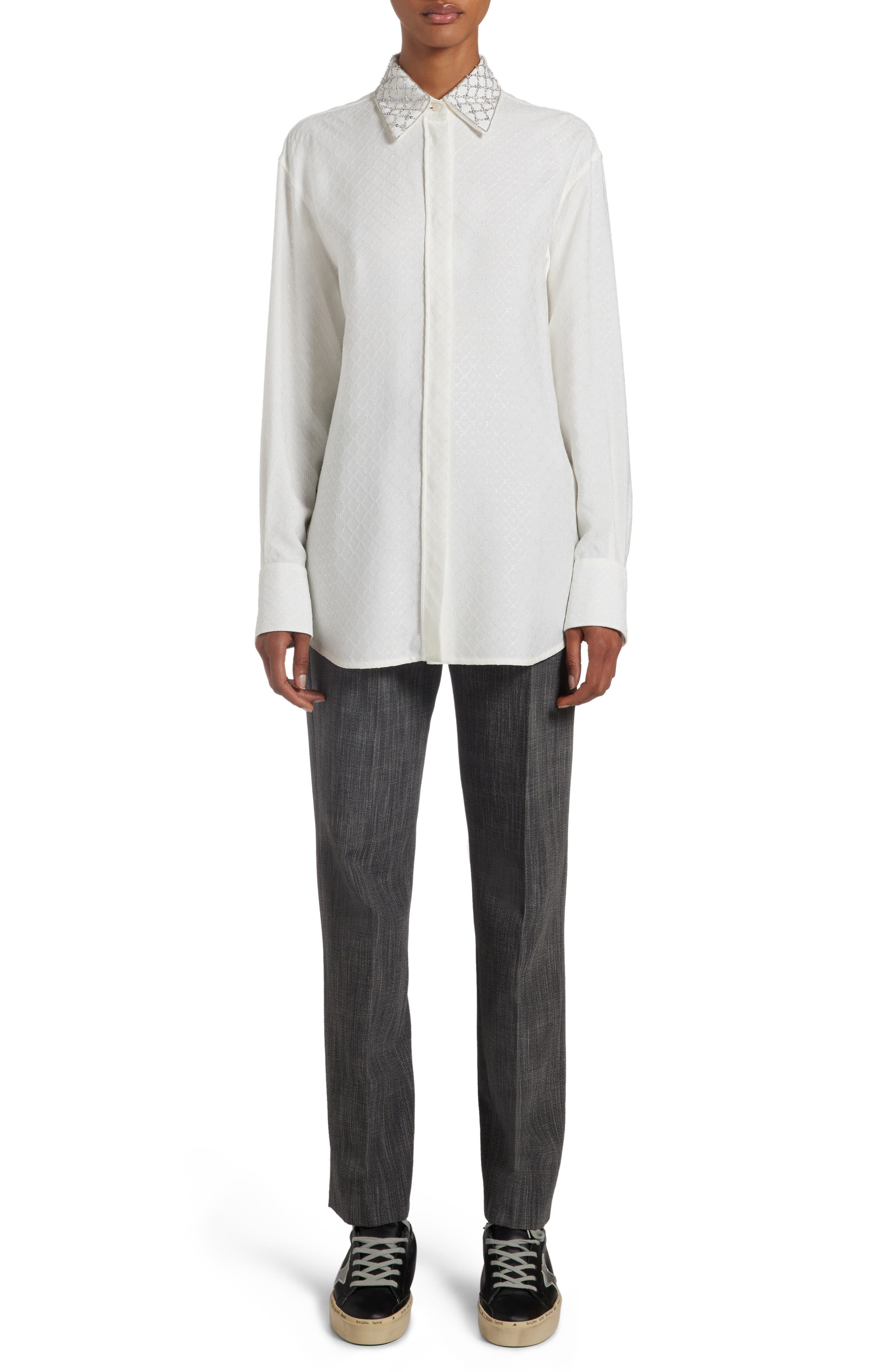 Golden Goose Mélange Tapered Virgin Wool Blend Trousers in Grey/White at Nordstrom - 2