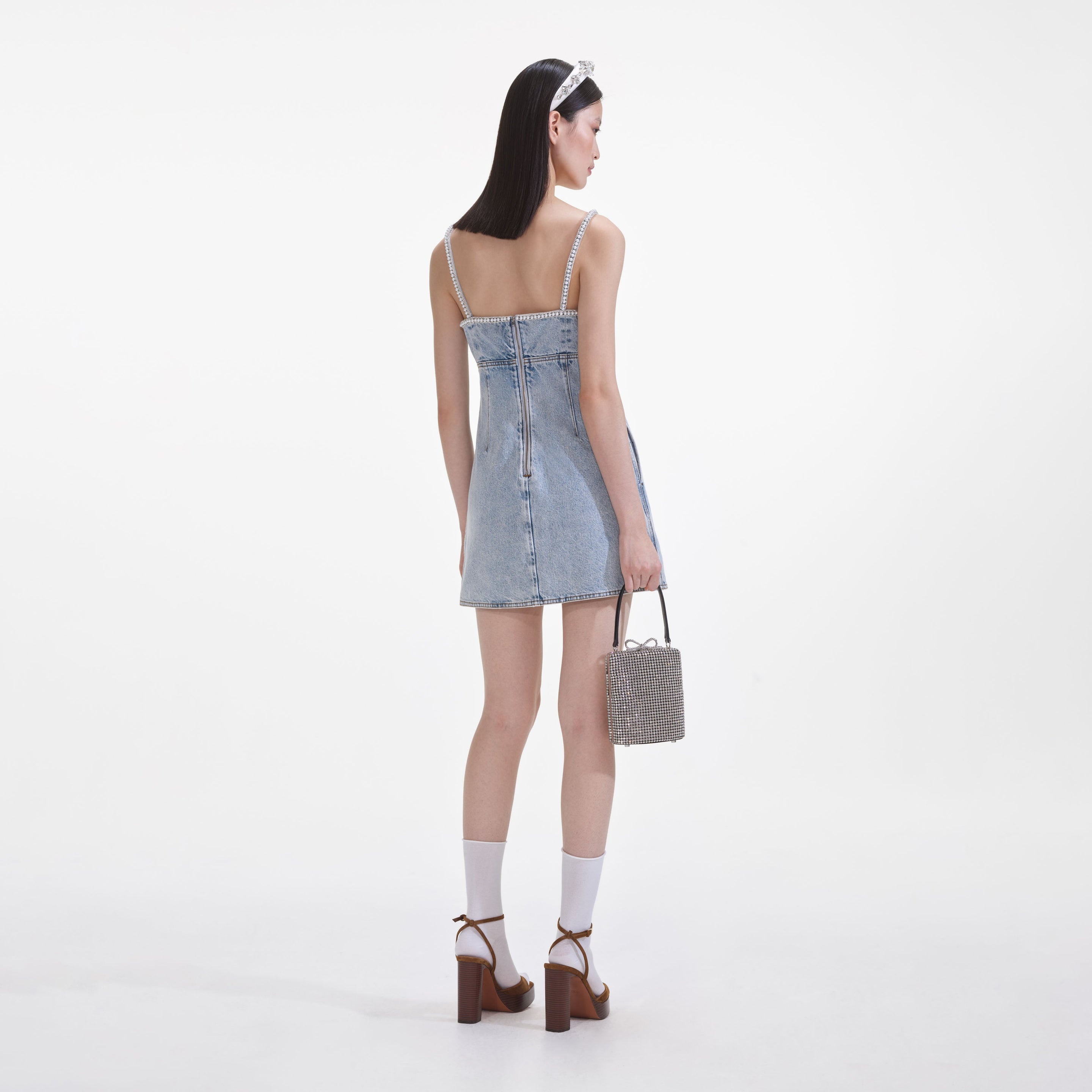 Light Blue Denim Pearl Mini Dress - 3