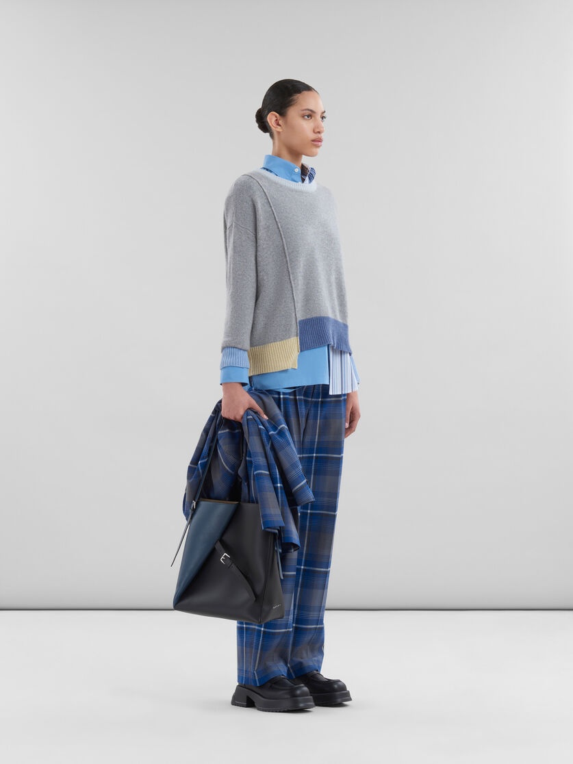 BLUE CHECKED VIRGIN WOOL PLEATED TROUSERS - 5