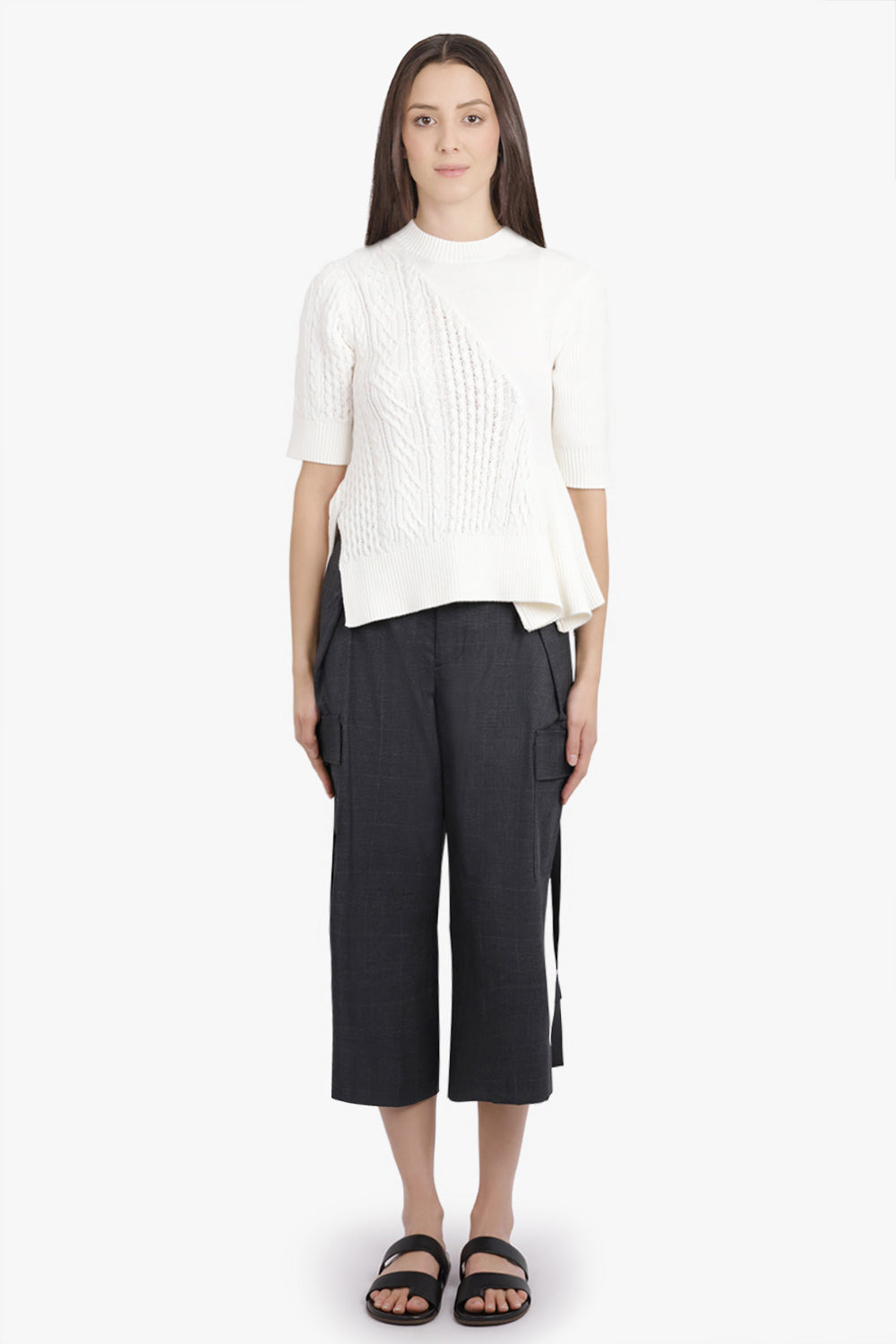 3/4 SLEEVE CHAIN KNIT WITH ASYMMETRIC HEM DETAIL | OFF WHITE - 4