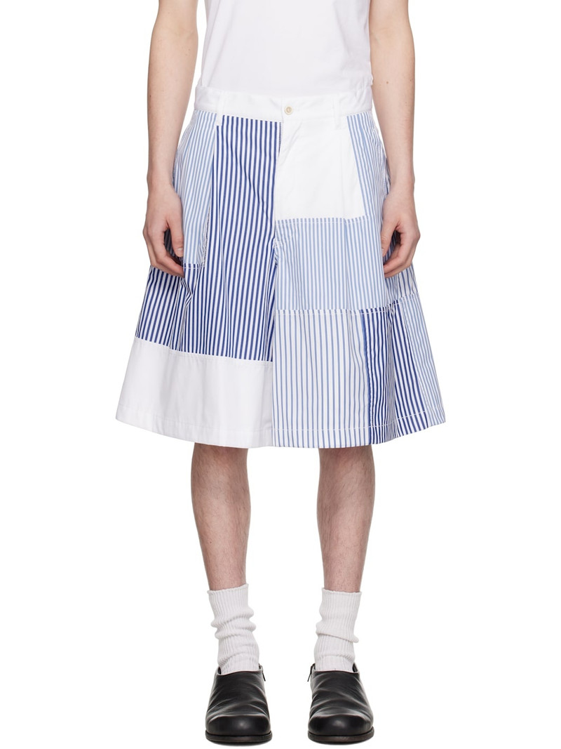 White & Navy Patchwork Striped Shorts 1