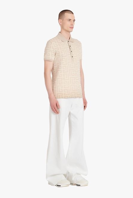 Ivory and sand-colored cotton polo with maxi Balmain monogram - 7