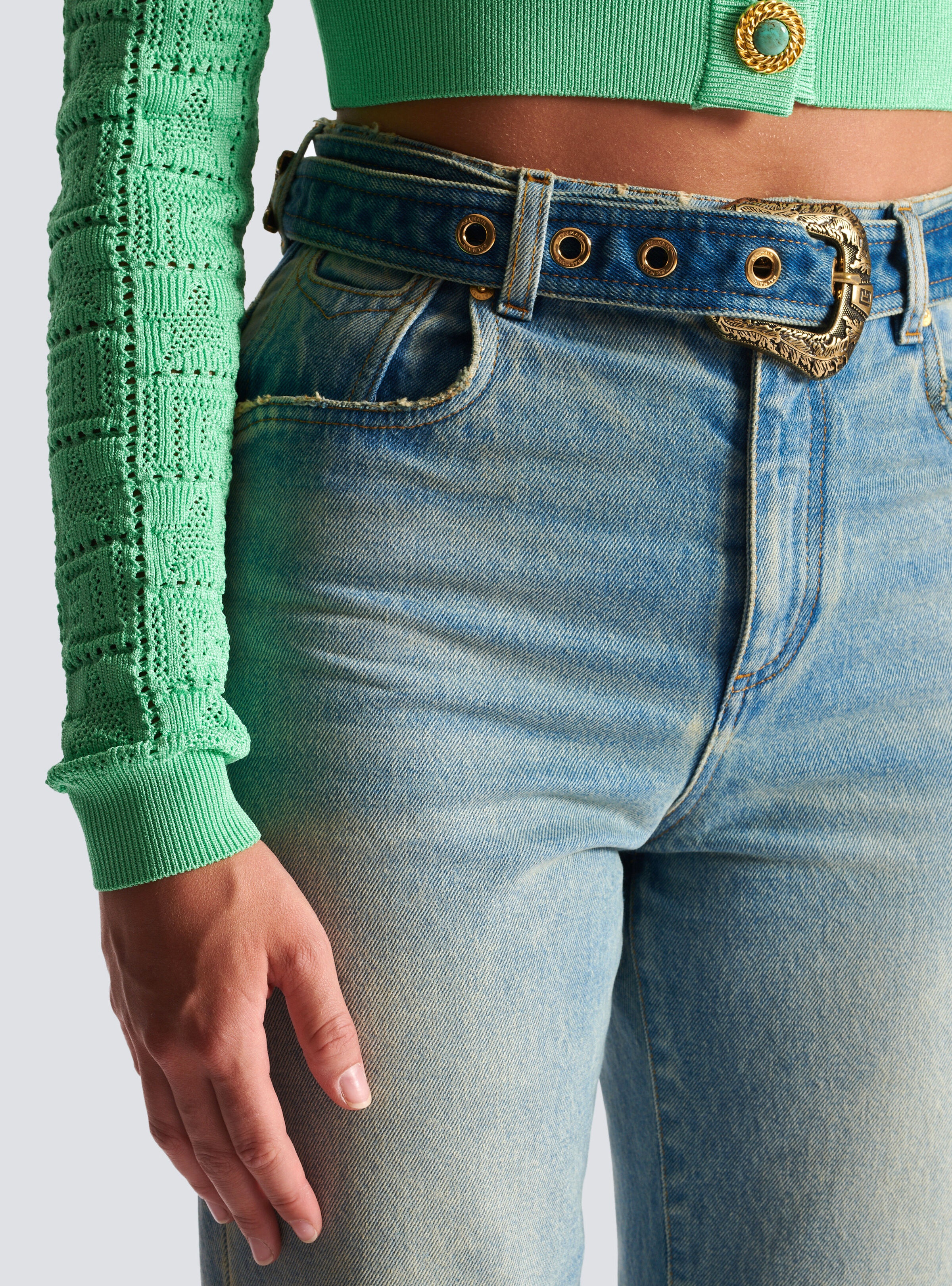 【関税込み】Balmain ブルー Classic Belted ジーンズ Balmain Classic belted jeans | REVERSIBLE