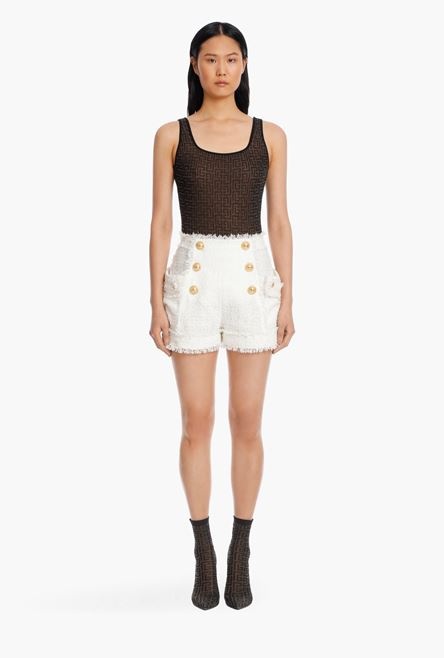 High waist double-buttoned tweed shorts - 4