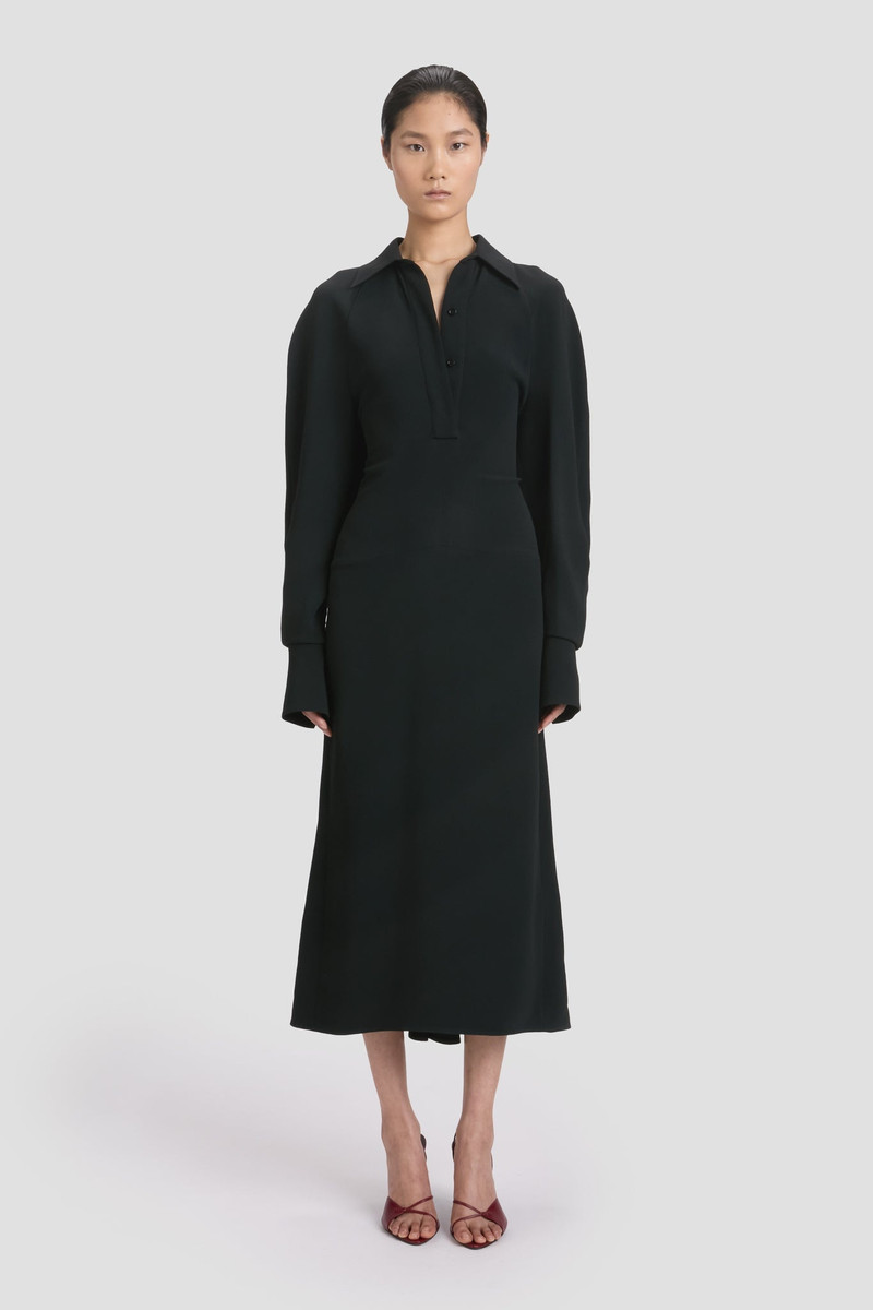 Victoria Beckham Long Sleeve Polo Collar Midi Dress In Black outlook