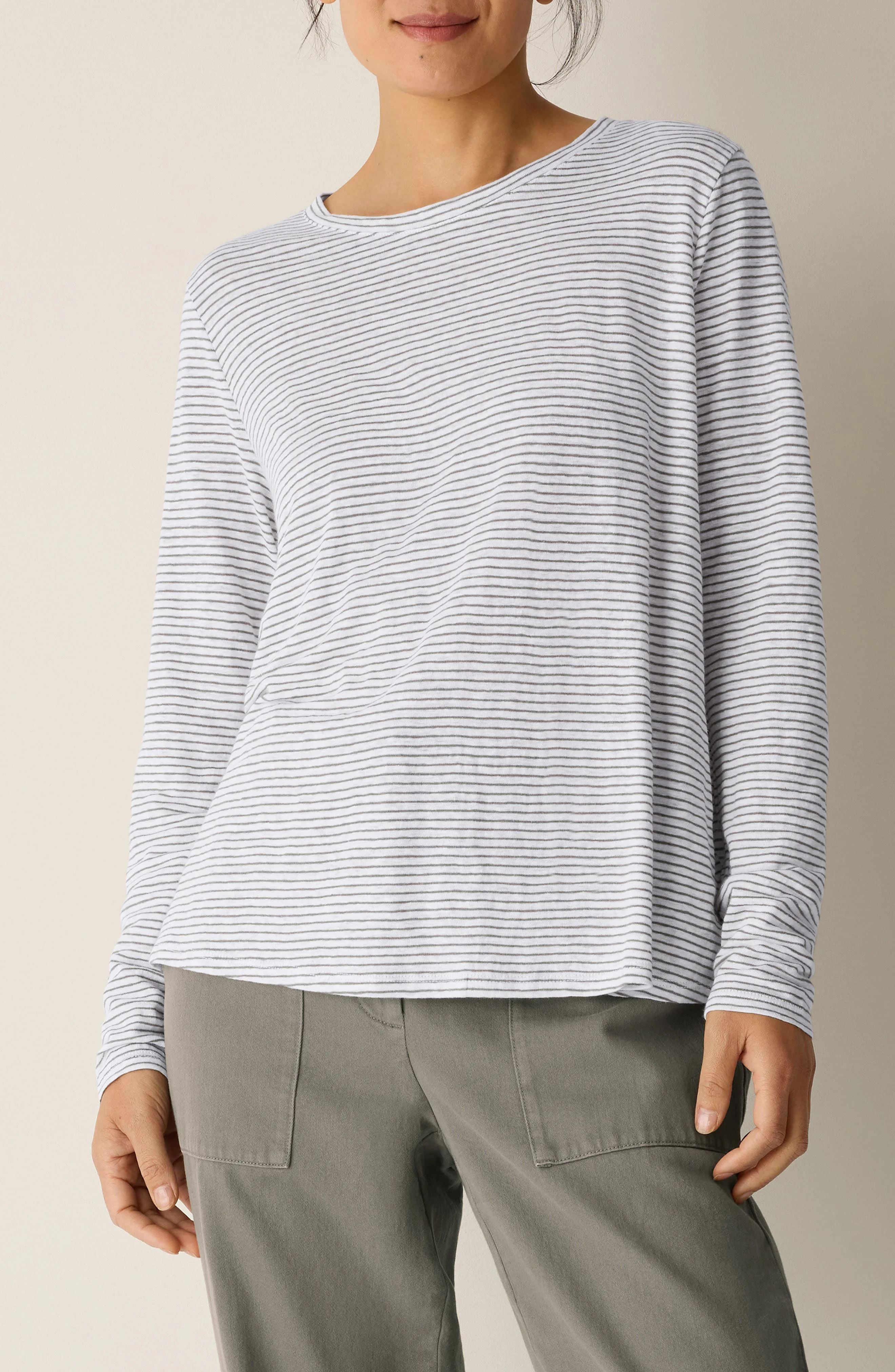 Eileen Fisher Stripe Organic Linen Long Sleeve T-Shirt in Baylf at Nordstrom - 1
