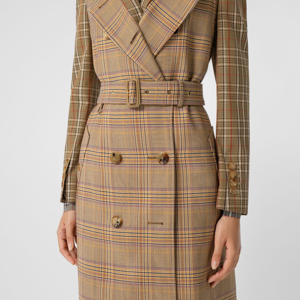 Contrast Check Wool Cotton Trench Coat - 5