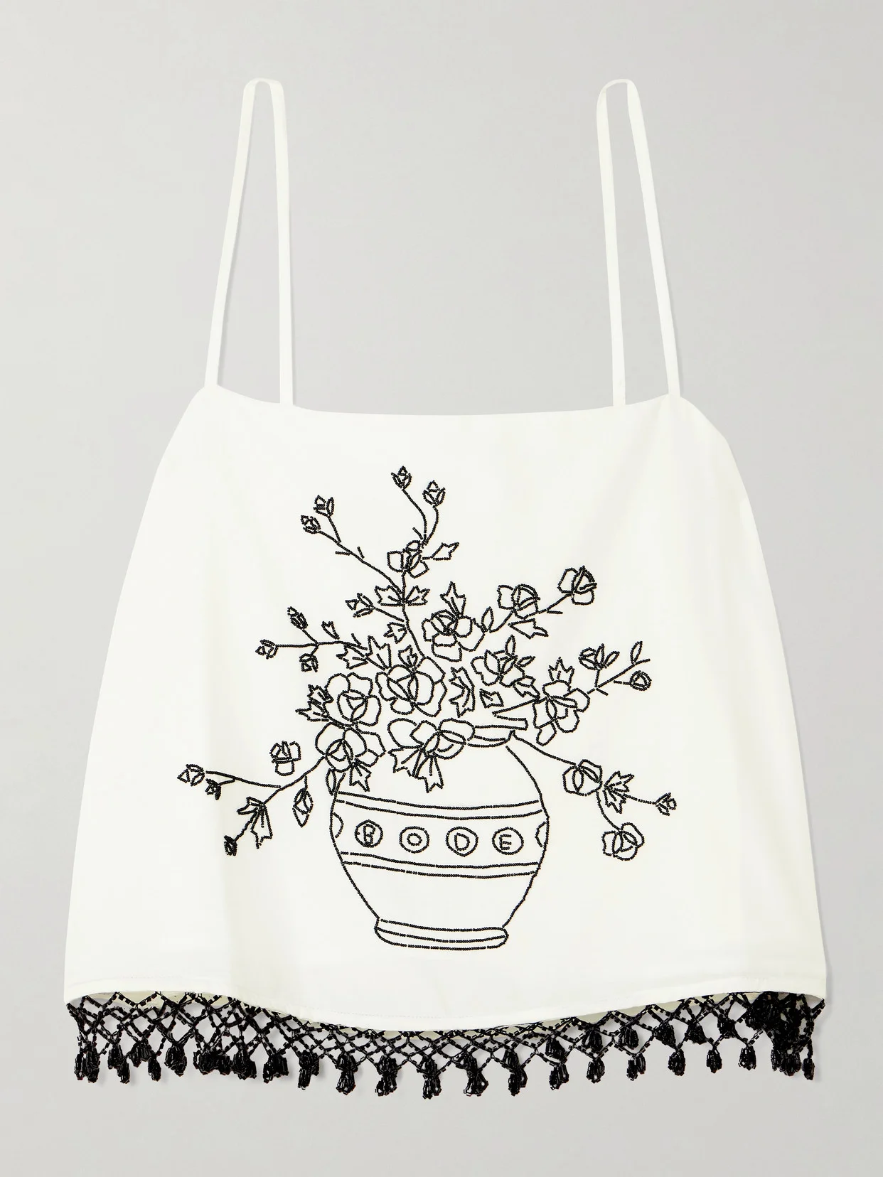 Rosebloom Cropped Bead-embellished Fringed Cotton And Silk-blend Top - 1