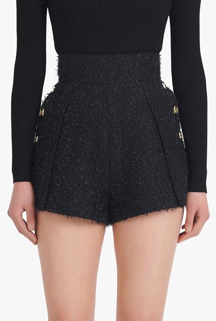 High-waisted black tweed shorts - 5