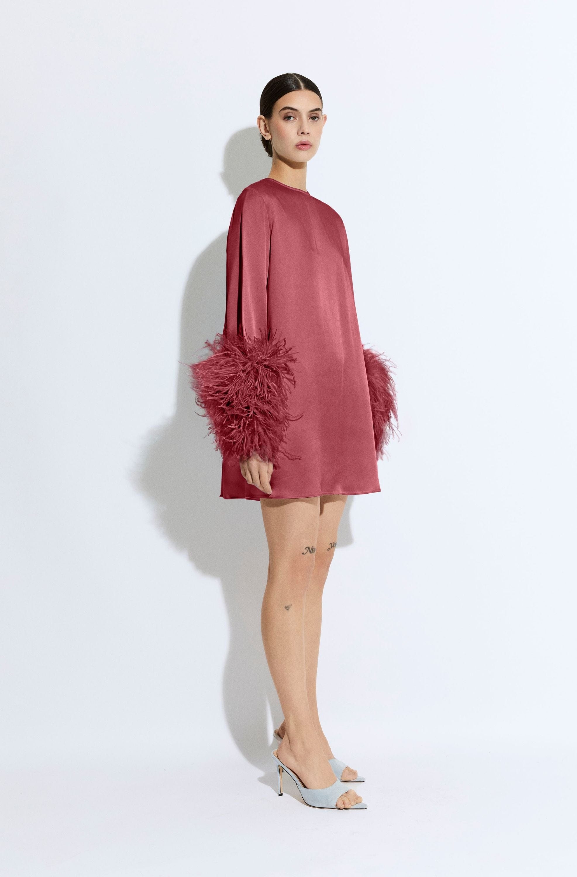 Satin Shift Dress With Feathers - 2