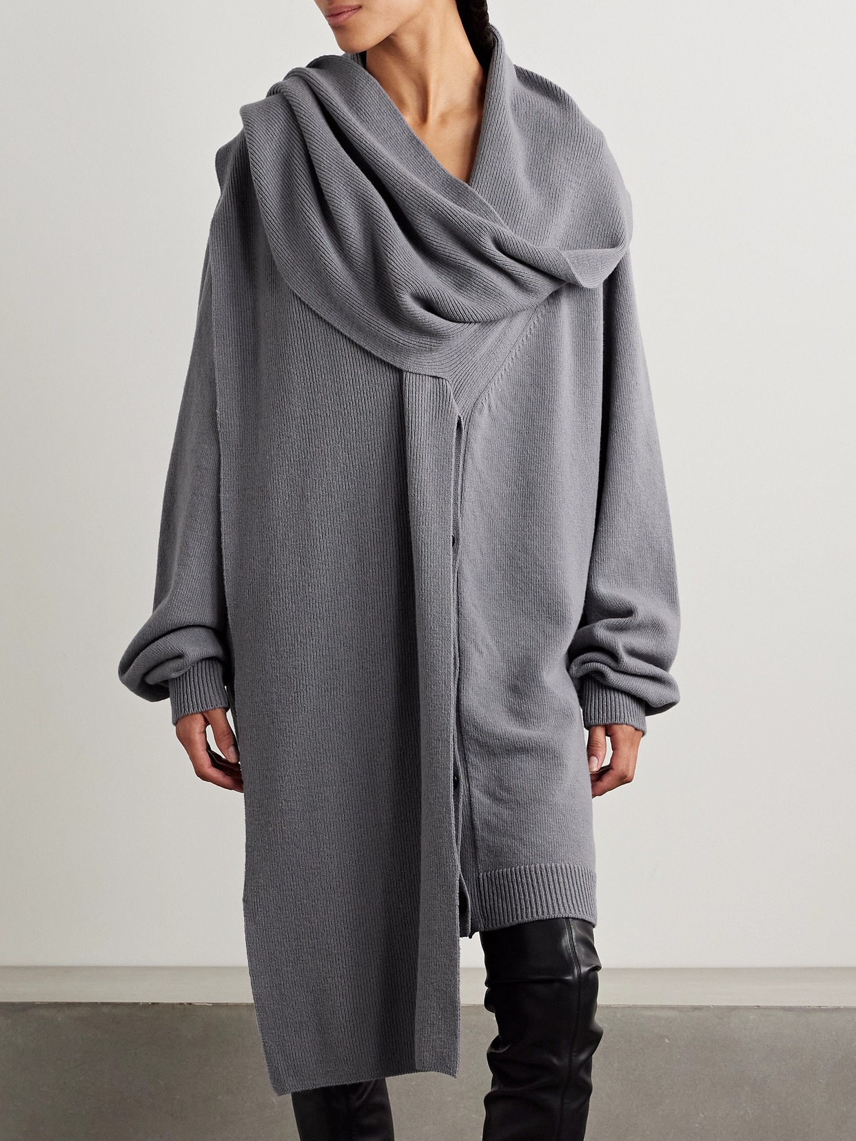 Oversized Scarf-detailed Gathered Wool Cardigan - 4