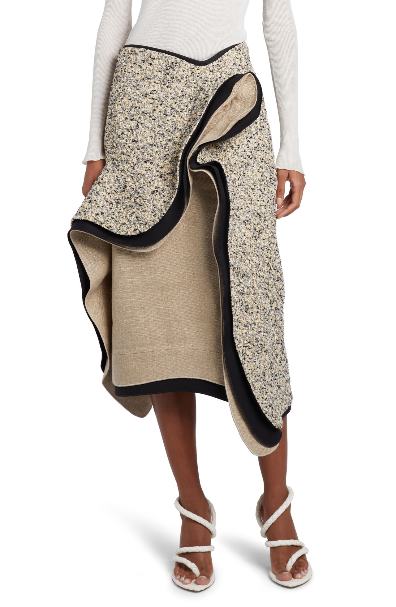 Bottega Veneta Terrazzo Asymmetric Ruffle Bouclé Midi Skirt in Yellow/Chalk/Black at Nordstrom - 1