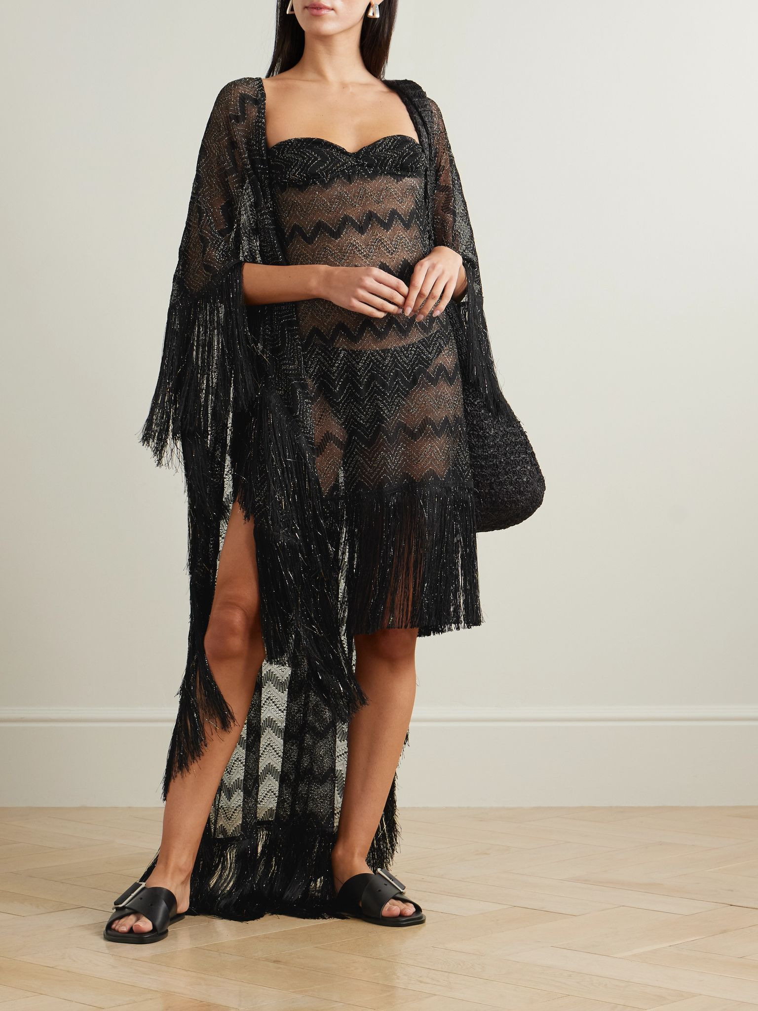 Mare fringed striped metallic crochet-knit kaftan Black - 2