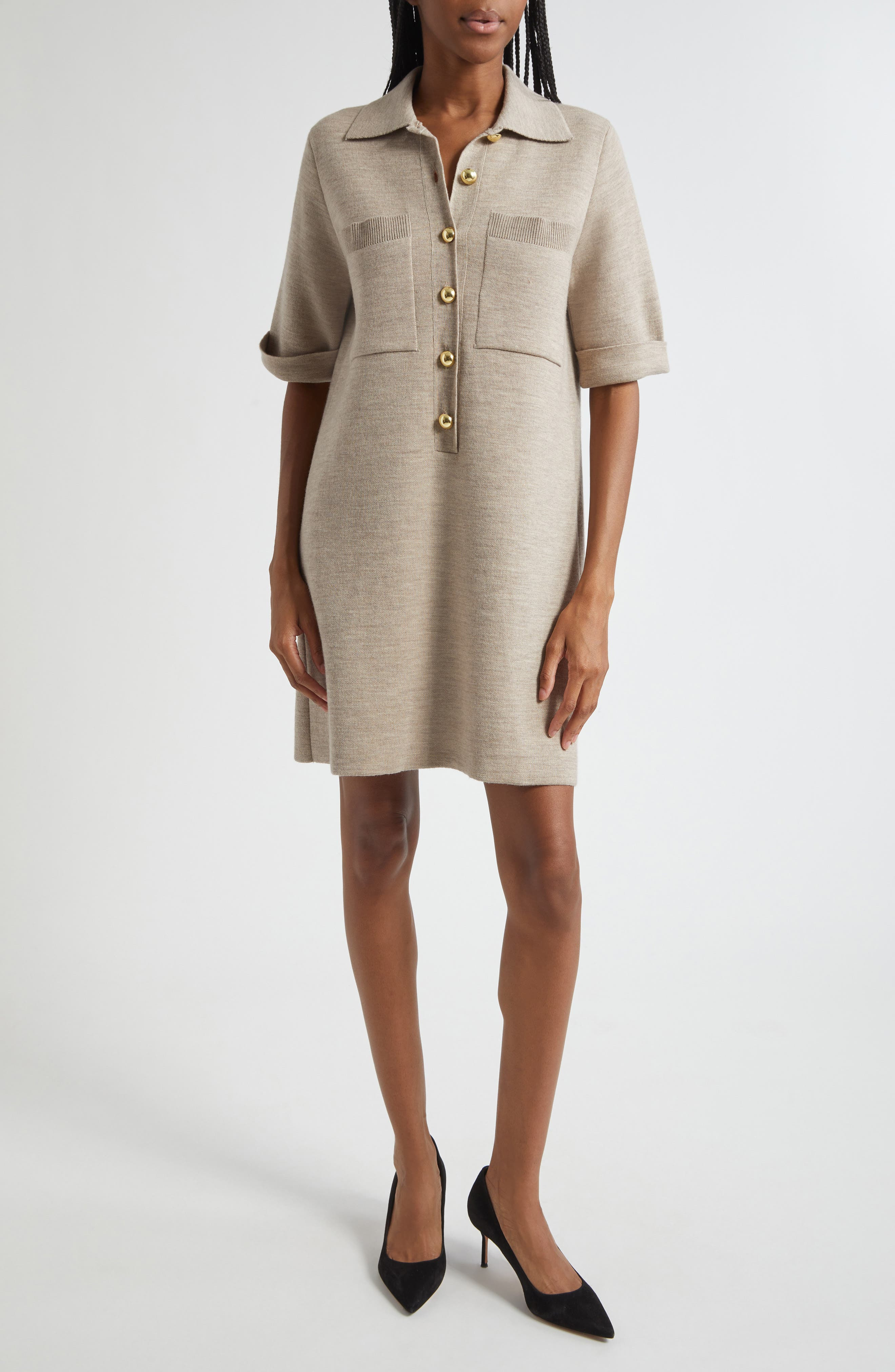 Veronica Beard Madden Merino Wool Half Placket Sweater Dress in Oatmeal Melange at Nordstrom - 1