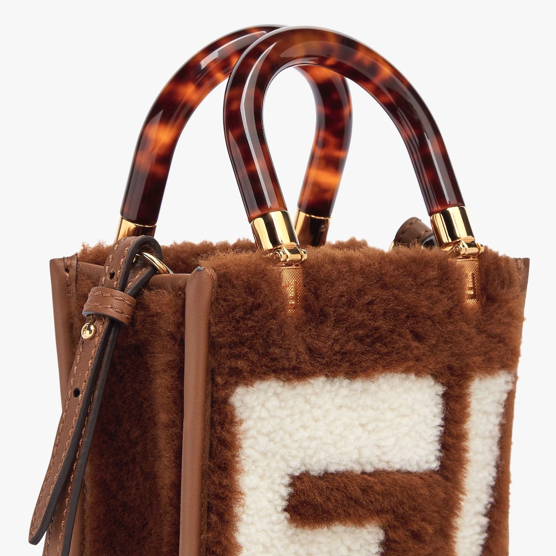 Mini Sunshine Shopper bag made of soft brown sheepskin with white FF inlay and stiff plexiglass tort - 5