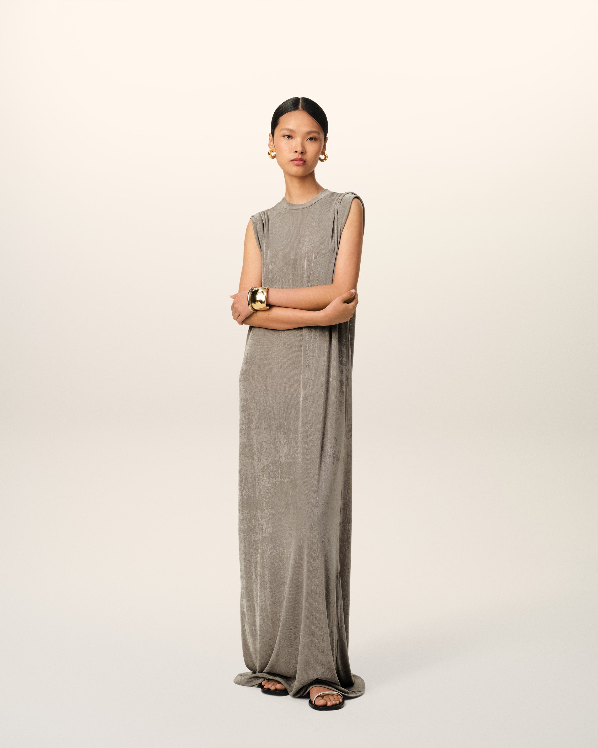 BEIGE RIB JERSEY SHORT SLEEVE LONG DRESS - 2