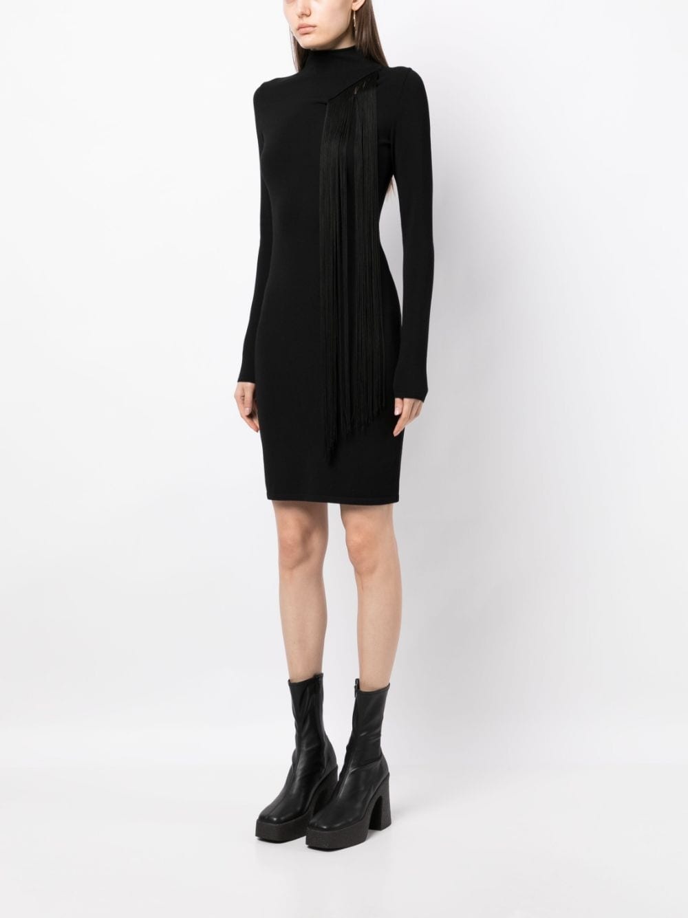 asymmetric fringed knitted dress - 3